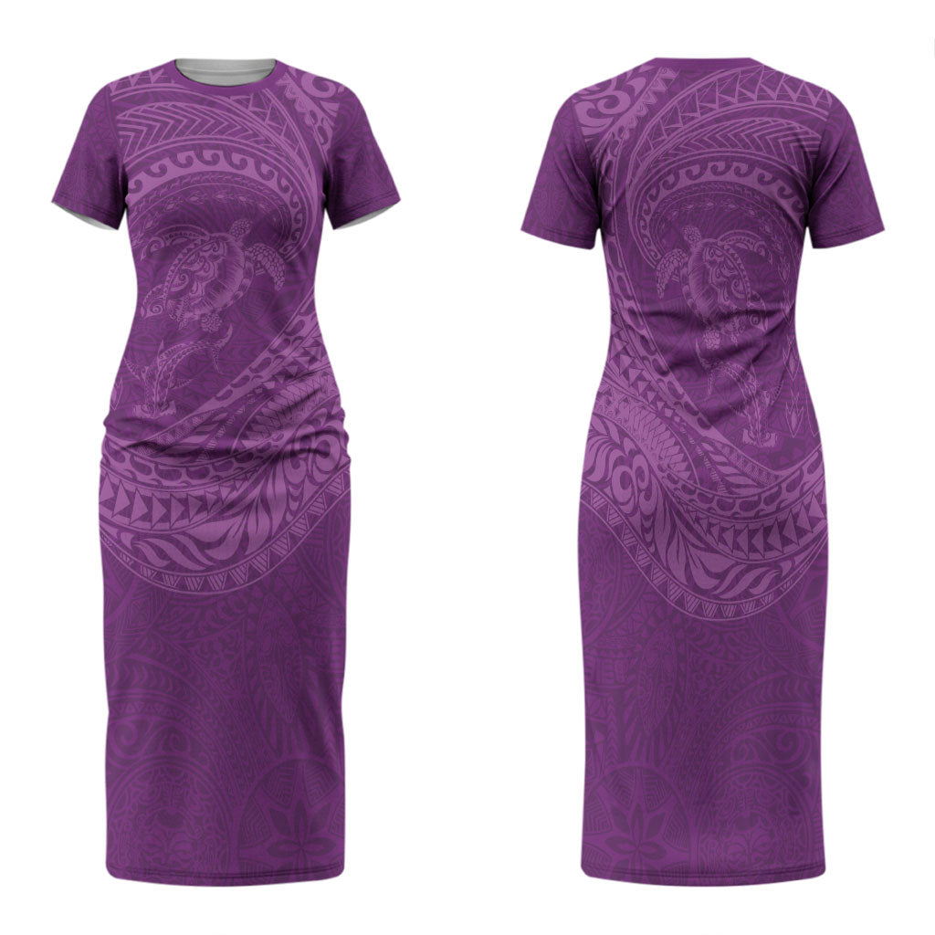 Hawaiian Turtle and Shark Family Matching Short Sleeve Bodycon Dress and Hawaiian Shirt Kakau Tribal with Polynesian Pattern Pink Color