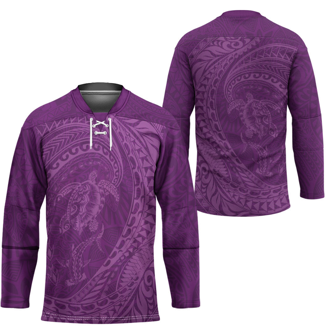 Hawaiian Turtle and Shark Hockey Jersey Kakau Tribal with Polynesian Pattern Pink Color