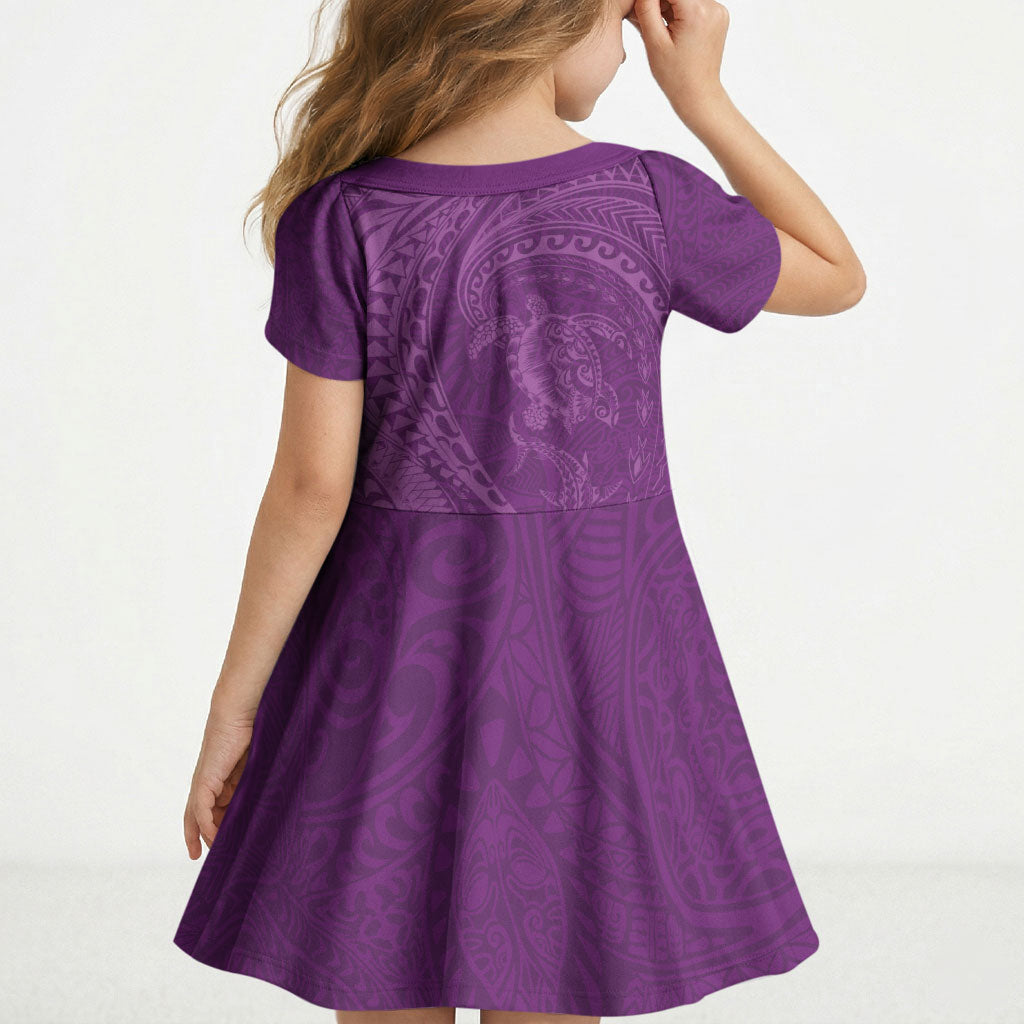 Hawaiian Turtle and Shark Kid Short Sleeve Dress Kakau Tribal with Polynesian Pattern Pink Color