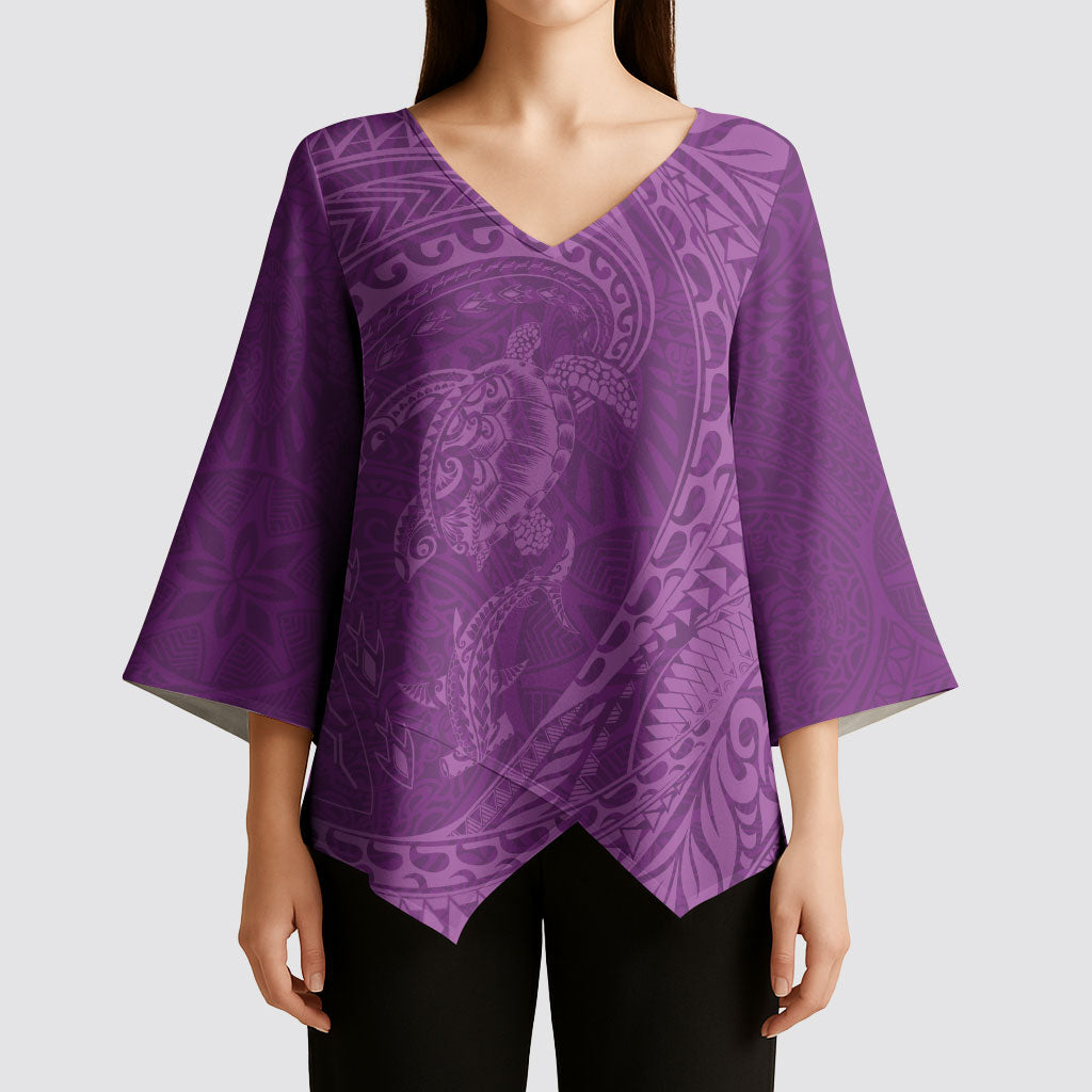 Hawaiian Turtle and Shark Kimono Sleeve Blouse Kakau Tribal with Polynesian Pattern Pink Color