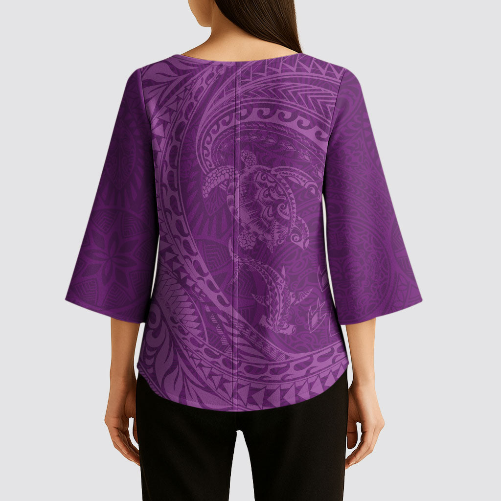 Hawaiian Turtle and Shark Kimono Sleeve Blouse Kakau Tribal with Polynesian Pattern Pink Color