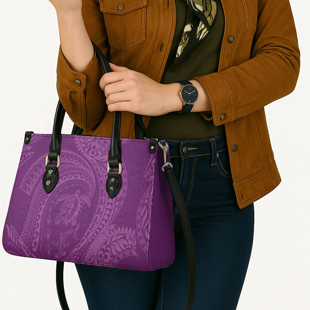 Hawaiian Turtle and Shark Leather Bag Kakau Tribal with Polynesian Pattern Pink Color