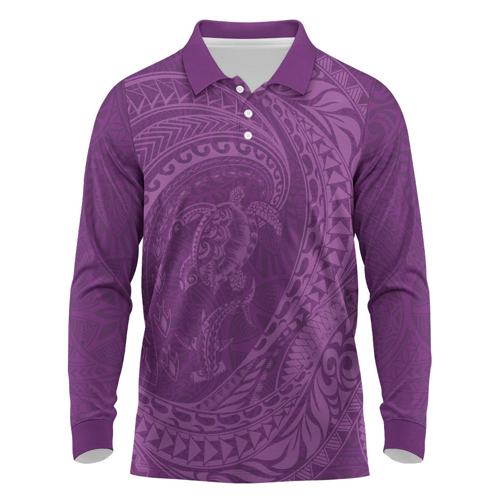 Hawaiian Turtle and Shark Long Sleeve Polo Shirt Kakau Tribal with Polynesian Pattern Pink Color