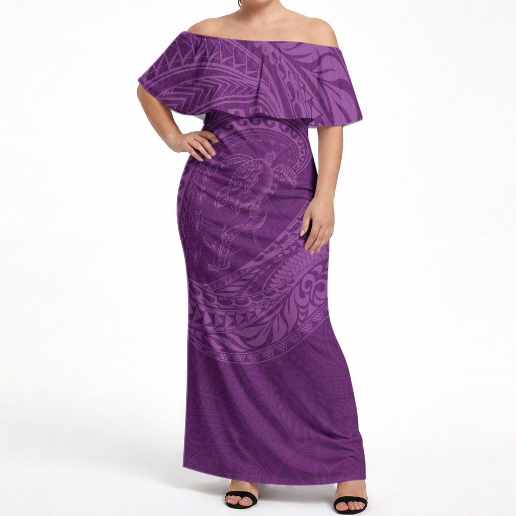 Hawaiian Turtle and Shark Off Shoulder Maxi Dress Kakau Tribal with Polynesian Pattern Pink Color
