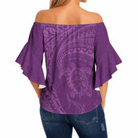 Hawaiian Turtle and Shark Off Shoulder Wrap Waist Top Kakau Tribal with Polynesian Pattern Pink Color