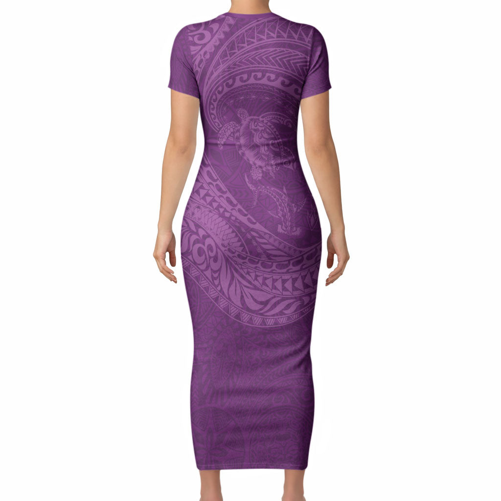 Hawaiian Turtle and Shark Short Sleeve Bodycon Dress Kakau Tribal with Polynesian Pattern Pink Color