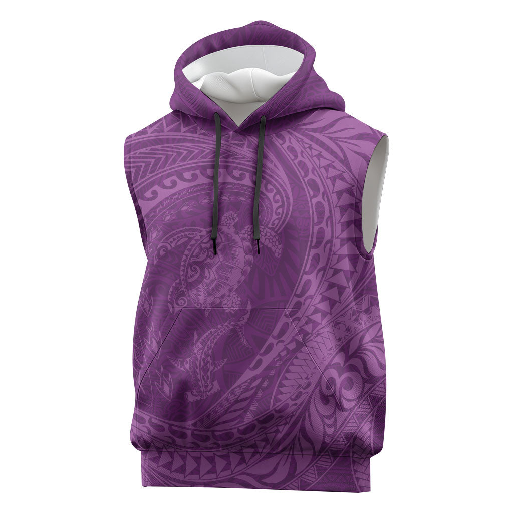 Hawaiian Turtle and Shark Sleeveless Hoodie Kakau Tribal with Polynesian Pattern Pink Color