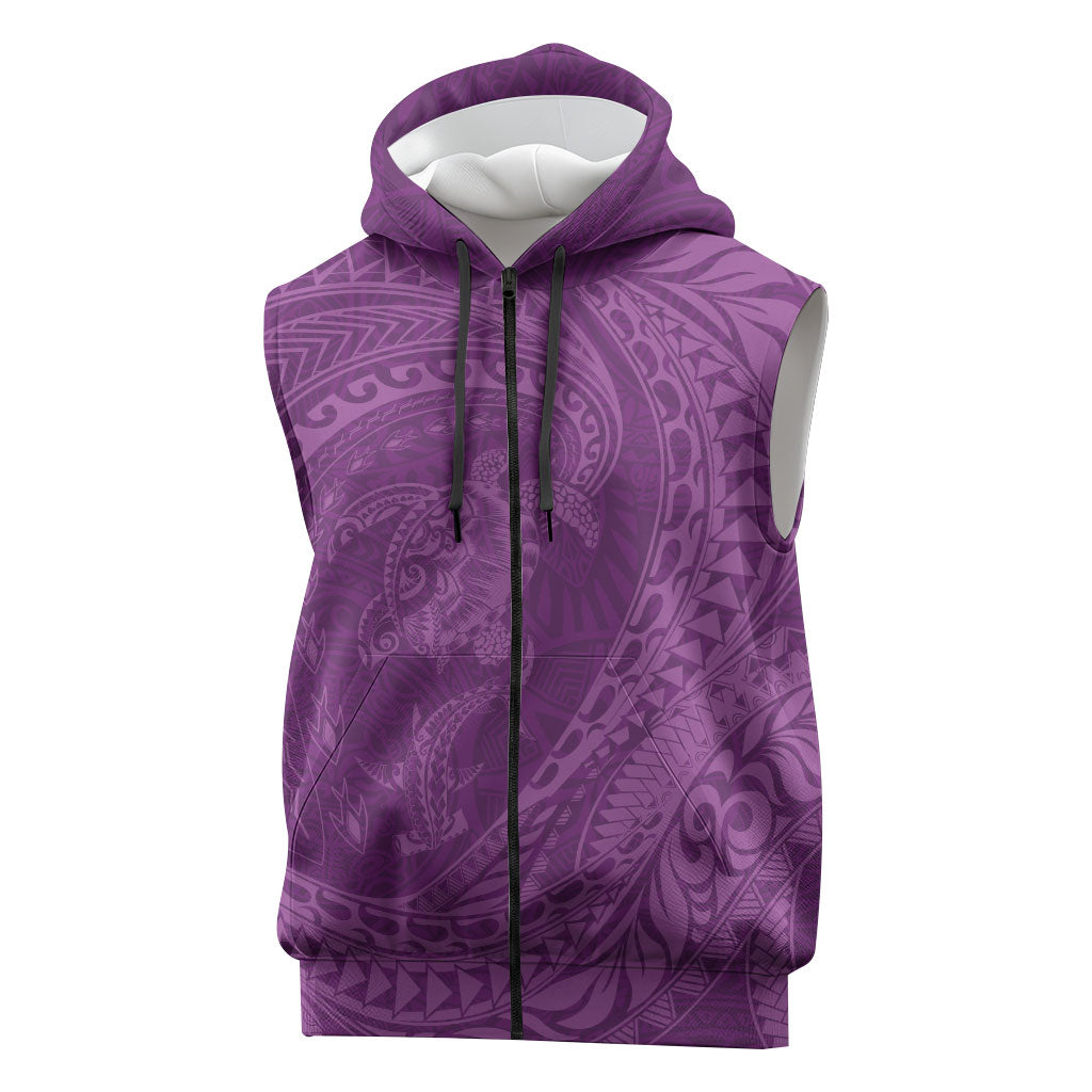 Hawaiian Turtle and Shark Sleeveless Zip Hoodie Kakau Tribal with Polynesian Pattern Pink Color