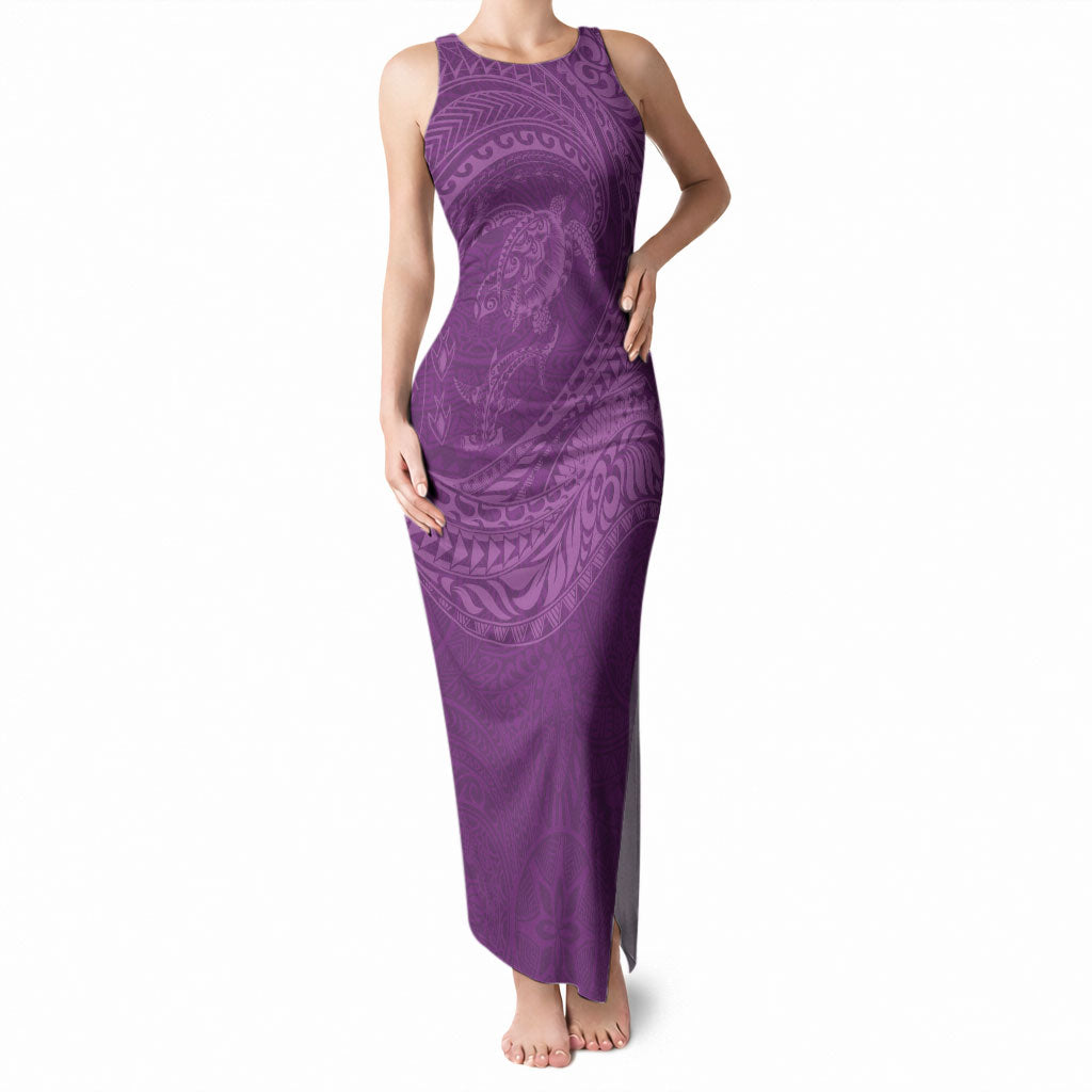 Hawaiian Turtle and Shark Tank Maxi Dress Kakau Tribal with Polynesian Pattern Pink Color