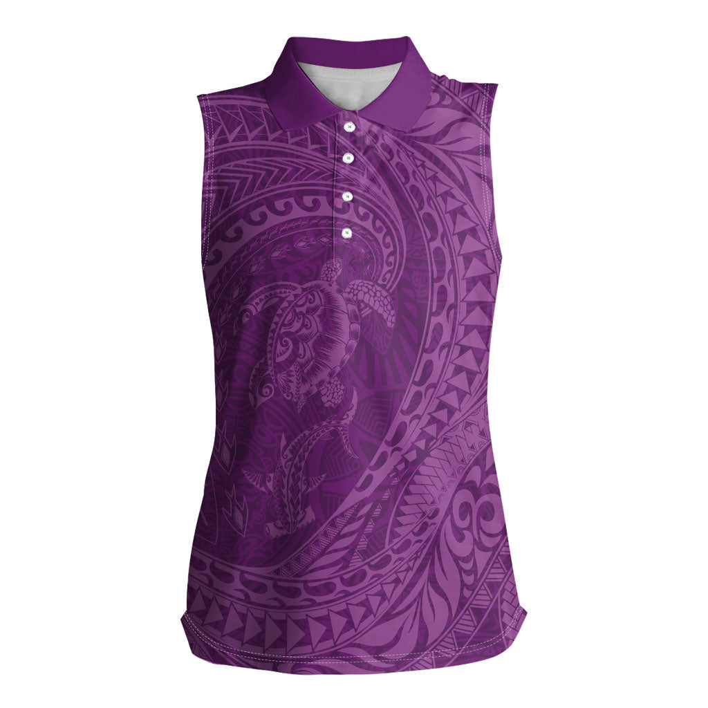 Hawaiian Turtle and Shark Women Sleeveless Polo Shirt Kakau Tribal with Polynesian Pattern Pink Color