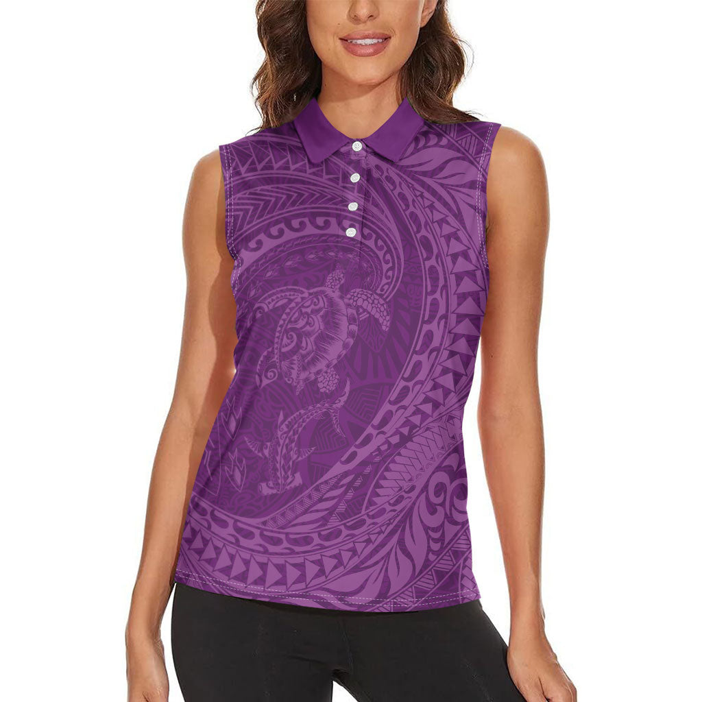 Hawaiian Turtle and Shark Women Sleeveless Polo Shirt Kakau Tribal with Polynesian Pattern Pink Color