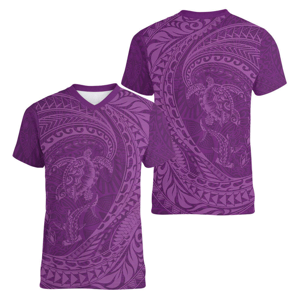 Hawaiian Turtle and Shark Women V-Neck T-Shirt Kakau Tribal with Polynesian Pattern Pink Color