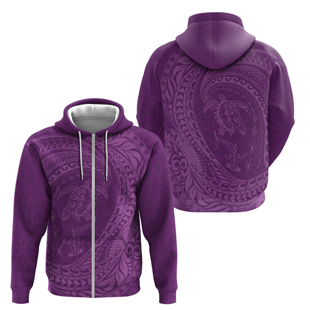 Hawaiian Turtle and Shark Zip Hoodie Kakau Tribal with Polynesian Pattern Pink Color