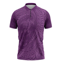Hawaiian Turtle and Shark Zipper Polo Shirt Kakau Tribal with Polynesian Pattern Pink Color