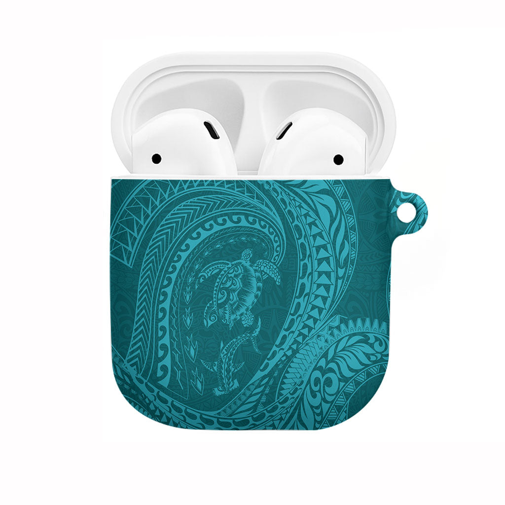 Hawaiian Turtle and Shark AirPods Case Kakau Tribal with Polynesian Pattern Turquoise Color