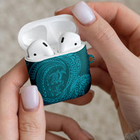 Hawaiian Turtle and Shark AirPods Case Kakau Tribal with Polynesian Pattern Turquoise Color