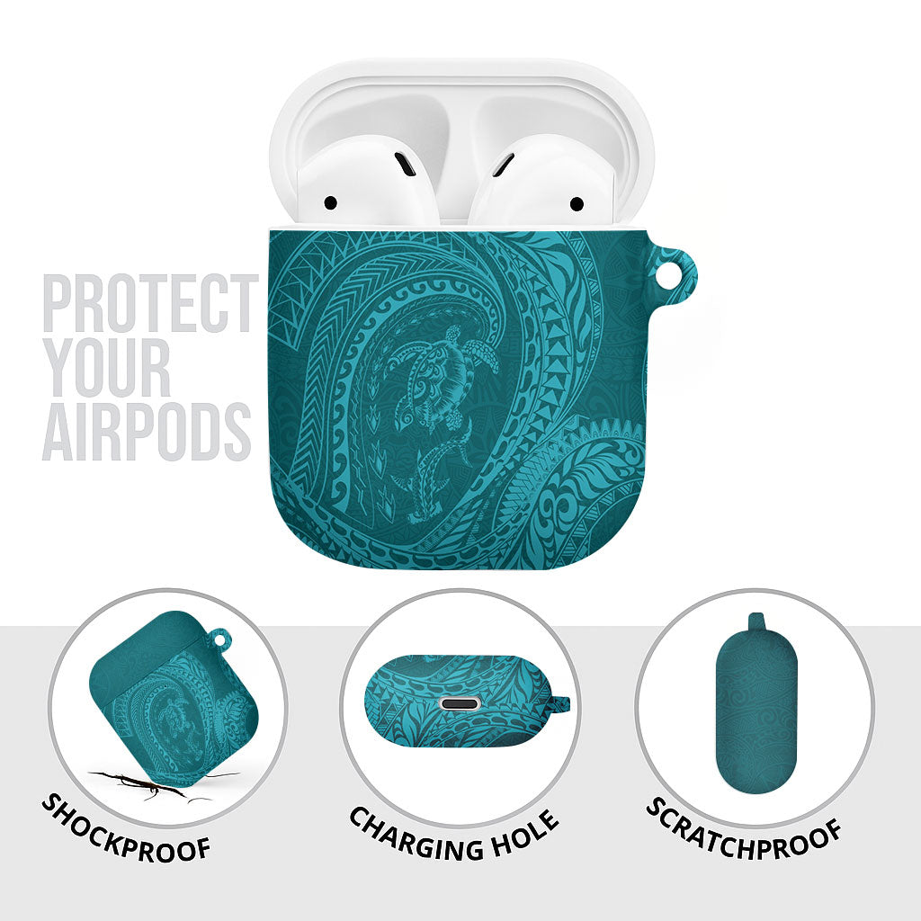 Hawaiian Turtle and Shark AirPods Case Kakau Tribal with Polynesian Pattern Turquoise Color
