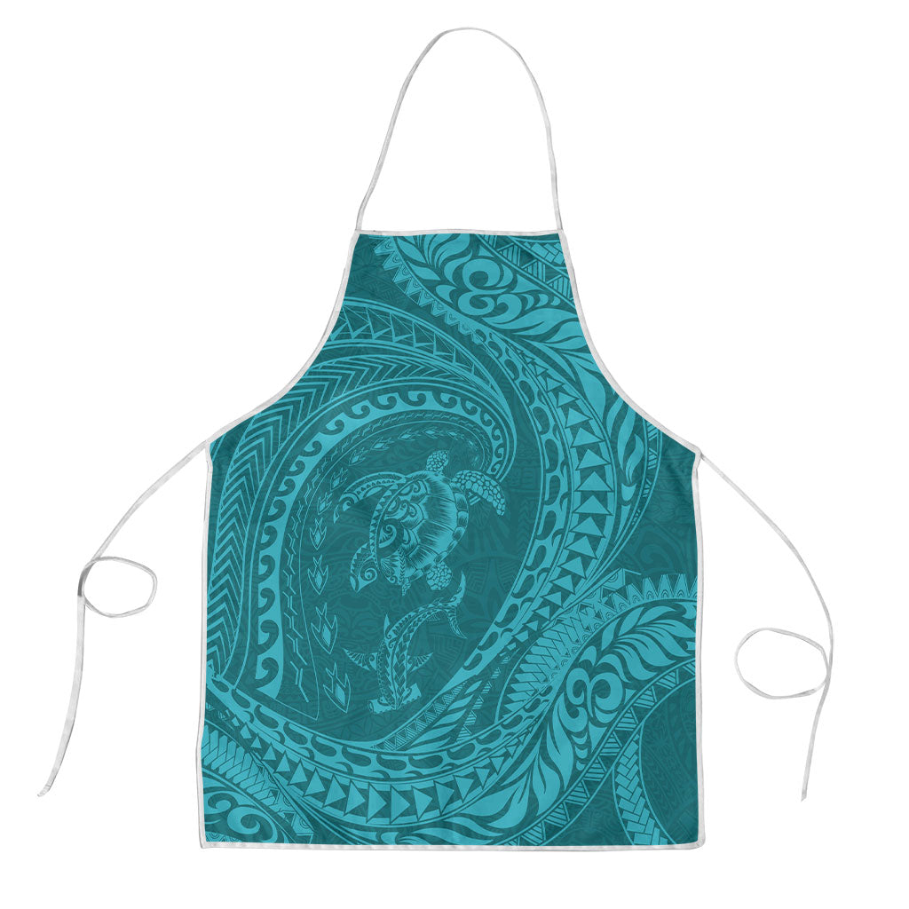 Hawaiian Turtle and Shark Apron Kakau Tribal with Polynesian Pattern Turquoise Color