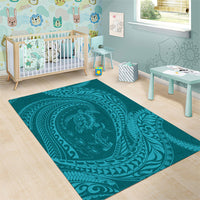 Hawaiian Turtle and Shark Area Rug Kakau Tribal with Polynesian Pattern Turquoise Color