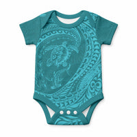 Hawaiian Turtle and Shark Baby Onesie Kakau Tribal with Polynesian Pattern Turquoise Color