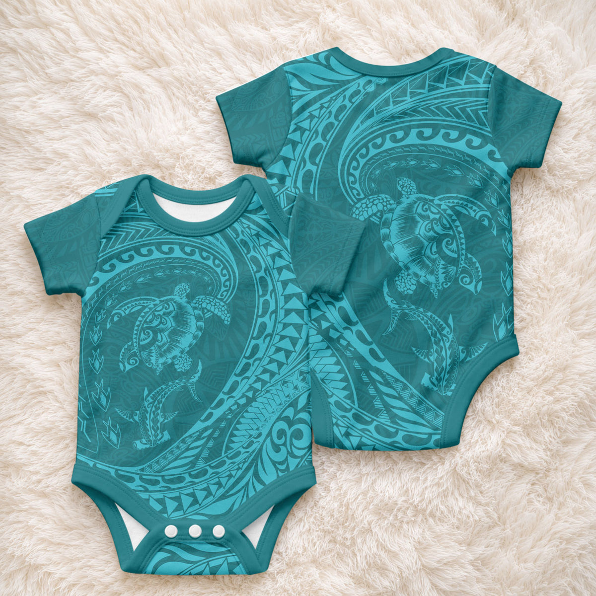 Hawaiian Turtle and Shark Baby Onesie Kakau Tribal with Polynesian Pattern Turquoise Color