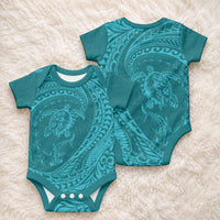 Hawaiian Turtle and Shark Baby Onesie Kakau Tribal with Polynesian Pattern Turquoise Color