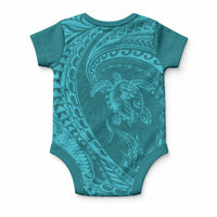Hawaiian Turtle and Shark Baby Onesie Kakau Tribal with Polynesian Pattern Turquoise Color