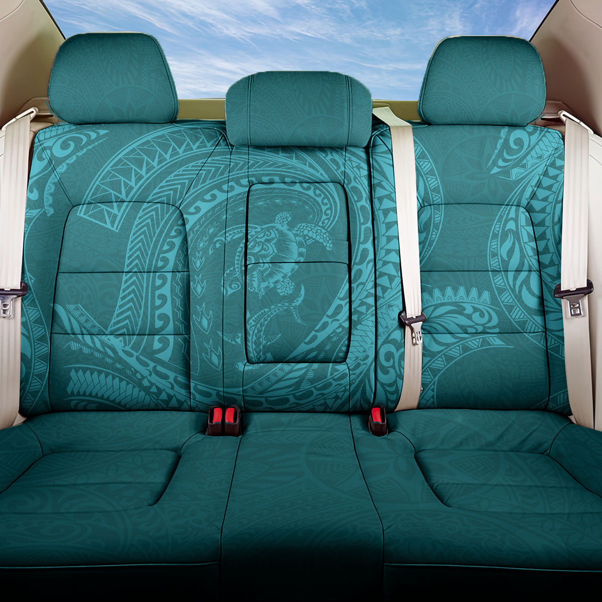 Hawaiian Turtle and Shark Back Car Seat Cover Kakau Tribal with Polynesian Pattern Turquoise Color