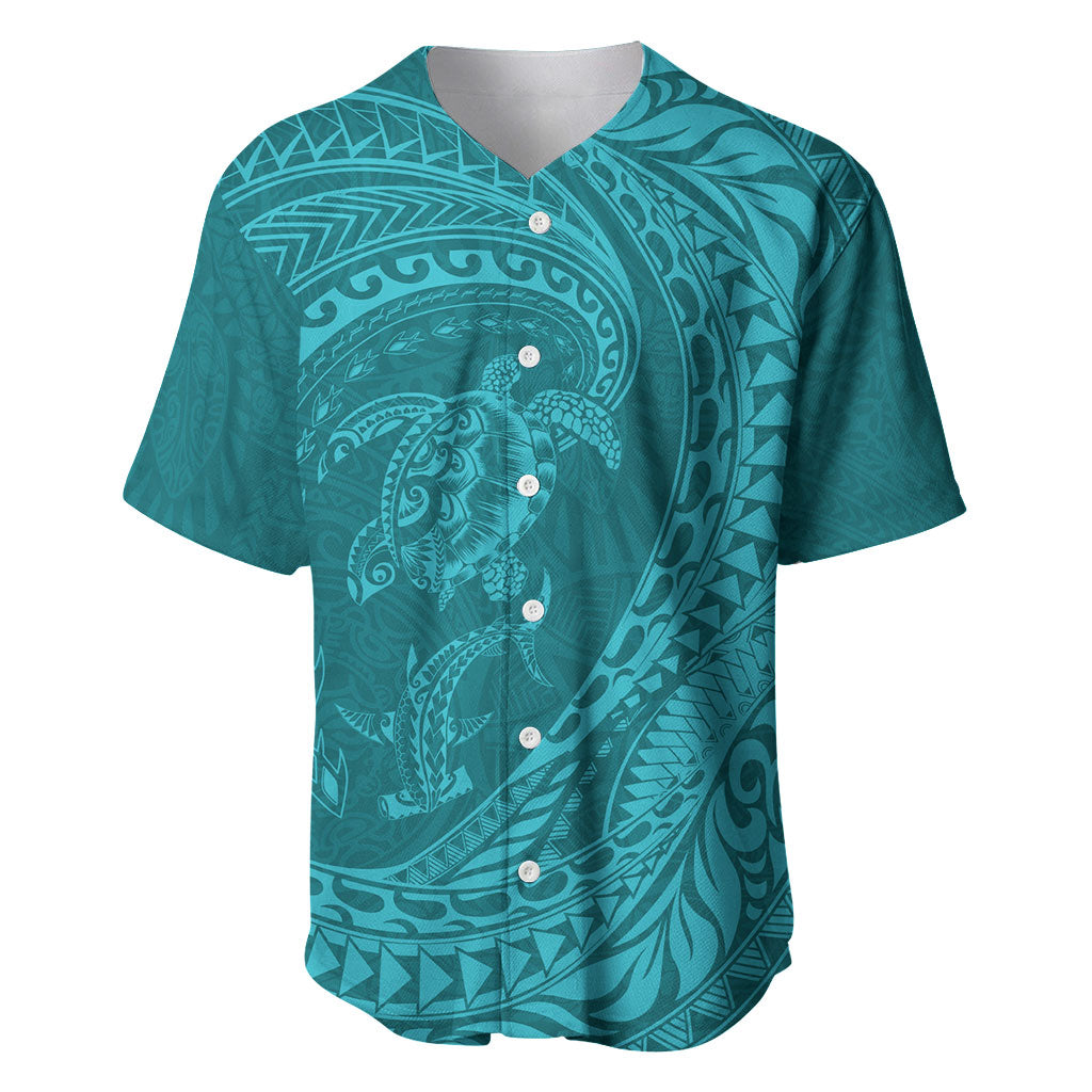 Hawaiian Turtle and Shark Baseball Jersey Kakau Tribal with Polynesian Pattern Turquoise Color