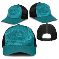 Hawaiian Turtle and Shark Baseball Net Cap Kakau Tribal with Polynesian Pattern Turquoise Color