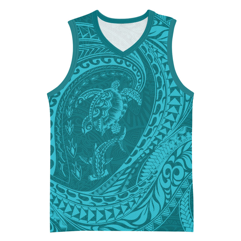 Hawaiian Turtle and Shark Basketball Jersey Kakau Tribal with Polynesian Pattern Turquoise Color