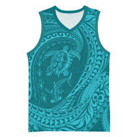 Hawaiian Turtle and Shark Basketball Jersey Kakau Tribal with Polynesian Pattern Turquoise Color