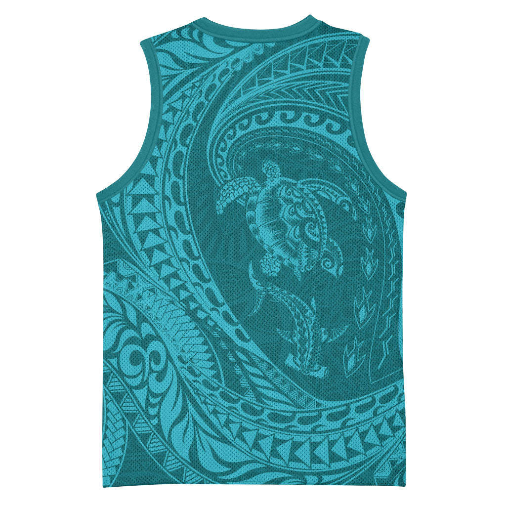 Hawaiian Turtle and Shark Basketball Jersey Kakau Tribal with Polynesian Pattern Turquoise Color