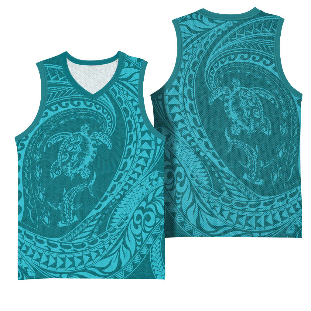 Hawaiian Turtle and Shark Basketball Jersey Kakau Tribal with Polynesian Pattern Turquoise Color