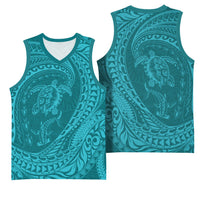 Hawaiian Turtle and Shark Basketball Jersey Kakau Tribal with Polynesian Pattern Turquoise Color
