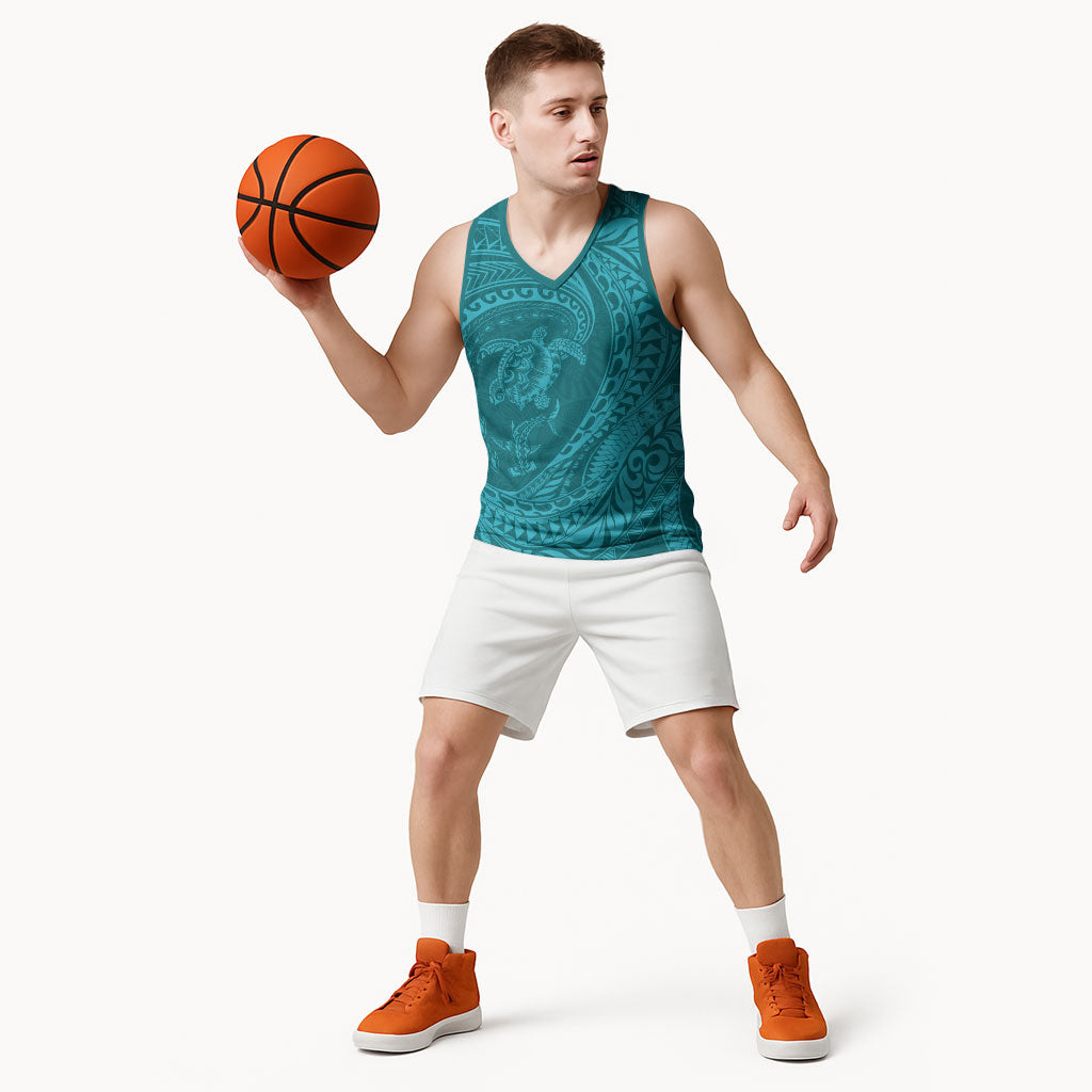 Hawaiian Turtle and Shark Basketball Jersey Kakau Tribal with Polynesian Pattern Turquoise Color
