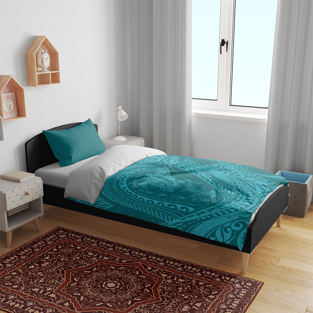 Hawaiian Turtle and Shark Bedding Set Kakau Tribal with Polynesian Pattern Turquoise Color