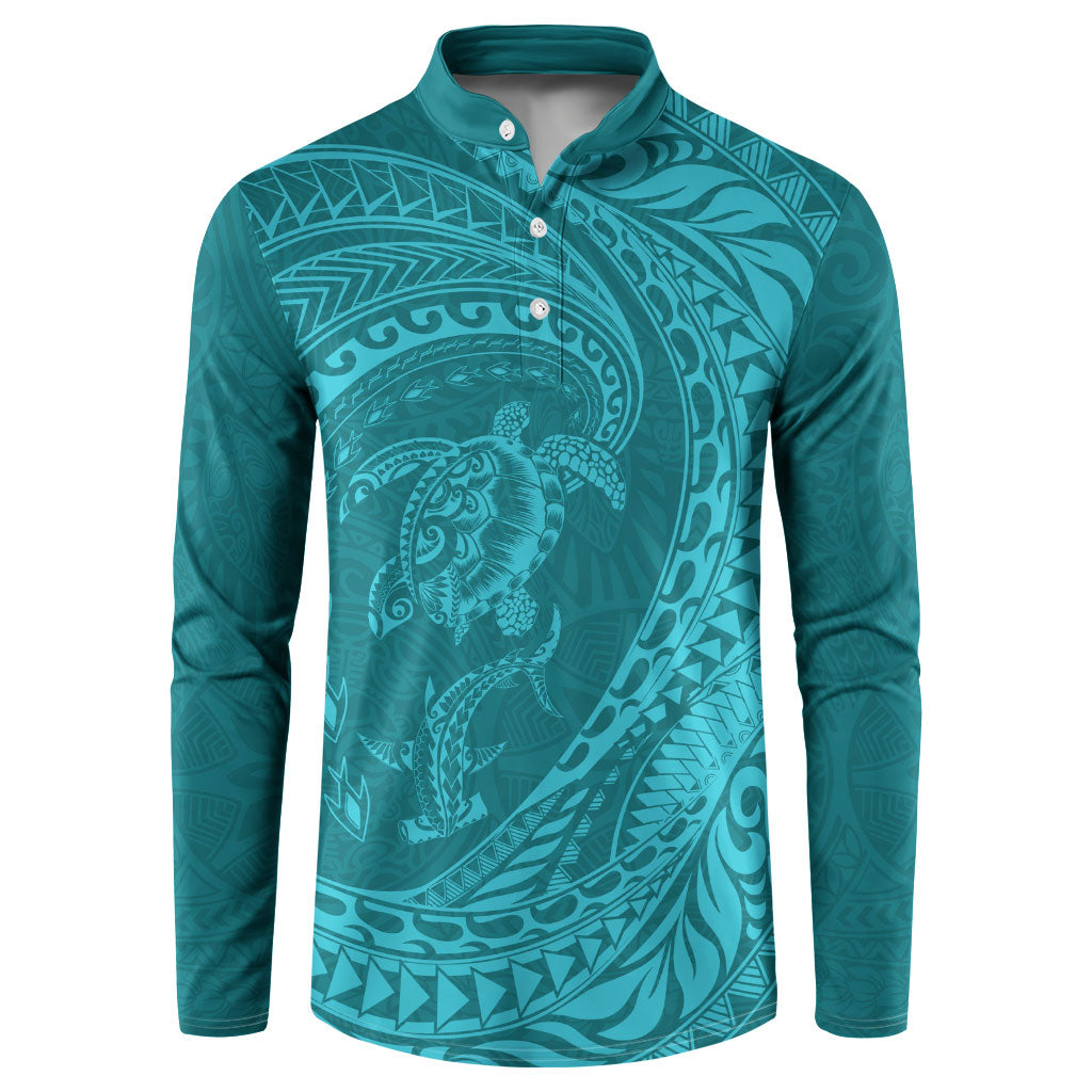 Hawaiian Turtle and Shark Button Sweatshirt Kakau Tribal with Polynesian Pattern Turquoise Color