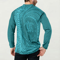 Hawaiian Turtle and Shark Button Sweatshirt Kakau Tribal with Polynesian Pattern Turquoise Color