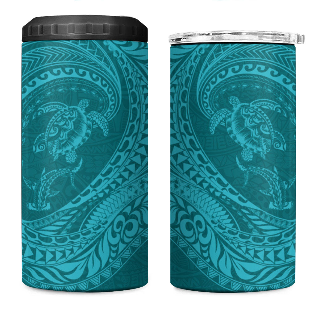 Hawaiian Turtle and Shark 4 in 1 Can Cooler Tumbler Kakau Tribal with Polynesian Pattern Turquoise Color