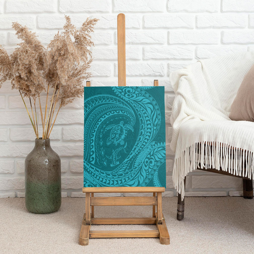 Hawaiian Turtle and Shark Canvas Wall Art Kakau Tribal with Polynesian Pattern Turquoise Color