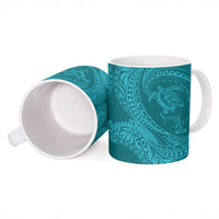 Hawaiian Turtle and Shark Ceramic Mug Kakau Tribal with Polynesian Pattern Turquoise Color
