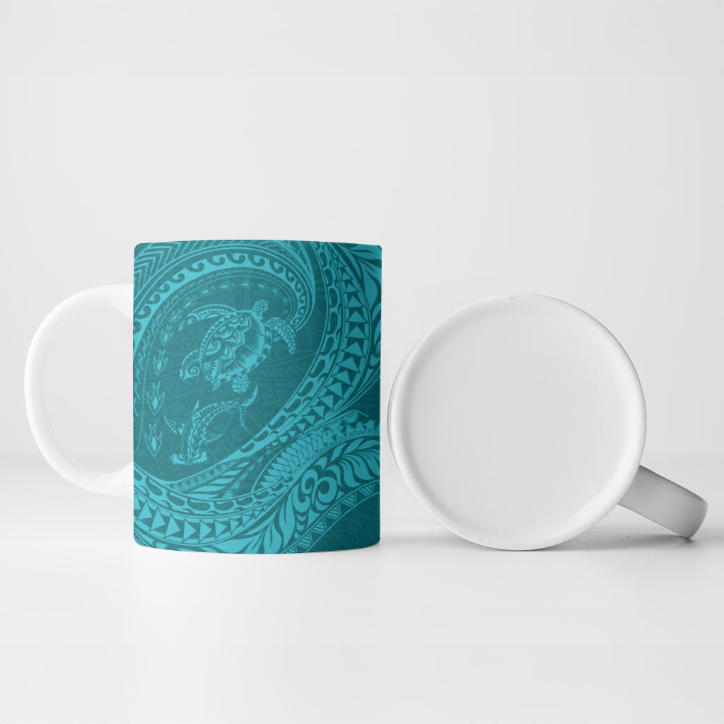 Hawaiian Turtle and Shark Ceramic Mug Kakau Tribal with Polynesian Pattern Turquoise Color