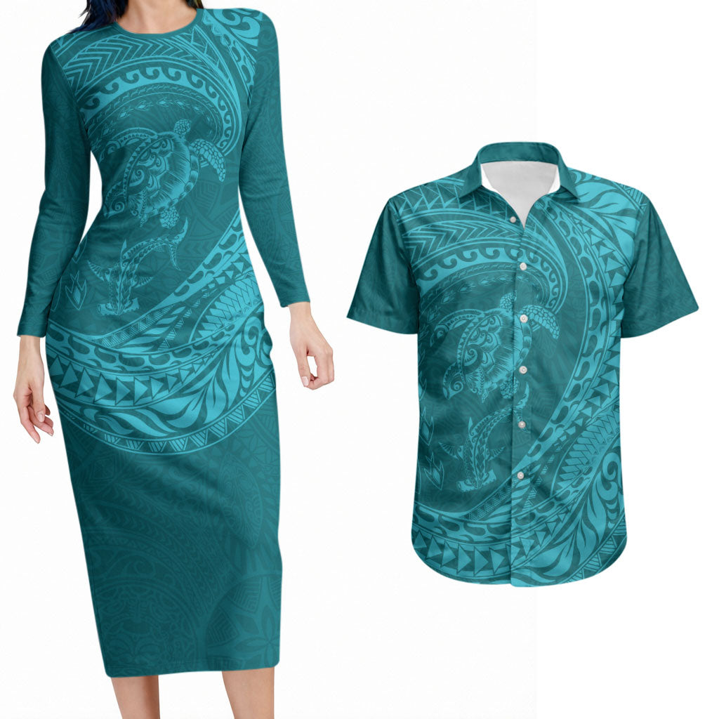 Hawaiian Turtle and Shark Couples Matching Long Sleeve Bodycon Dress and Hawaiian Shirt Kakau Tribal with Polynesian Pattern Turquoise Color
