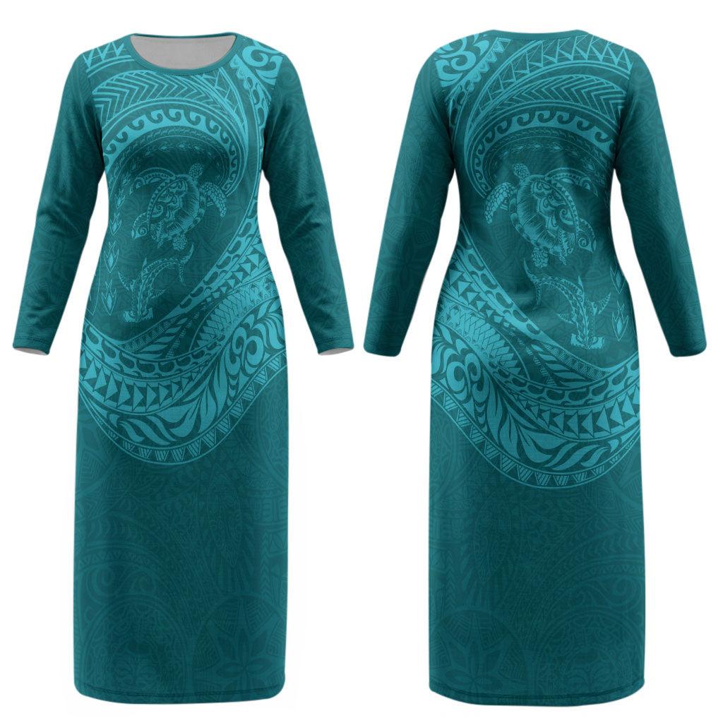 Hawaiian Turtle and Shark Couples Matching Long Sleeve Bodycon Dress and Hawaiian Shirt Kakau Tribal with Polynesian Pattern Turquoise Color