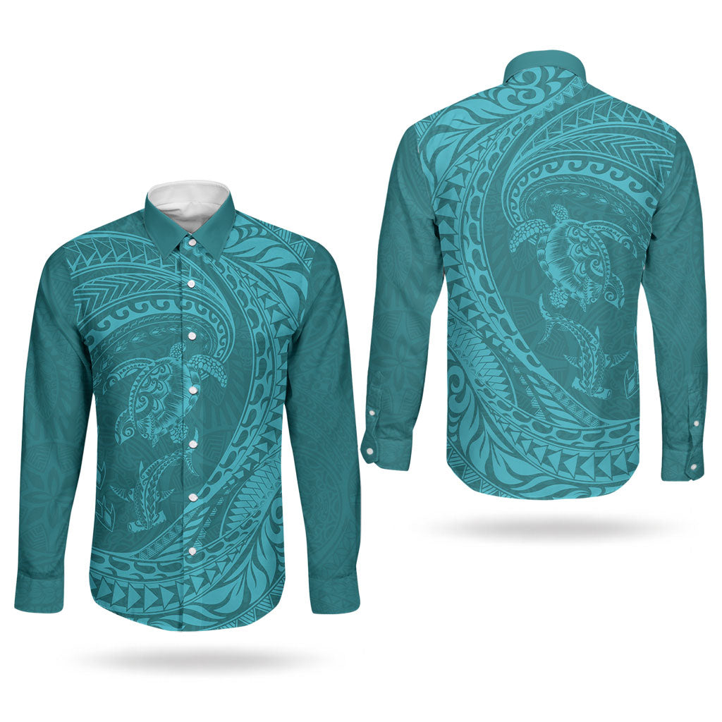 Hawaiian Turtle and Shark Couples Matching Long Sleeve Bodycon Dress and Long Sleeve Button Shirt Kakau Tribal with Polynesian Pattern Turquoise Color