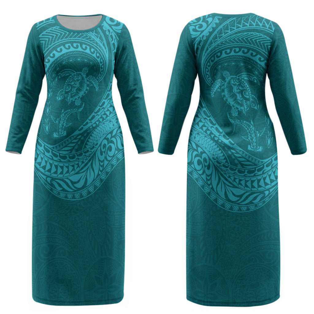 Hawaiian Turtle and Shark Couples Matching Long Sleeve Bodycon Dress and Long Sleeve Button Shirt Kakau Tribal with Polynesian Pattern Turquoise Color