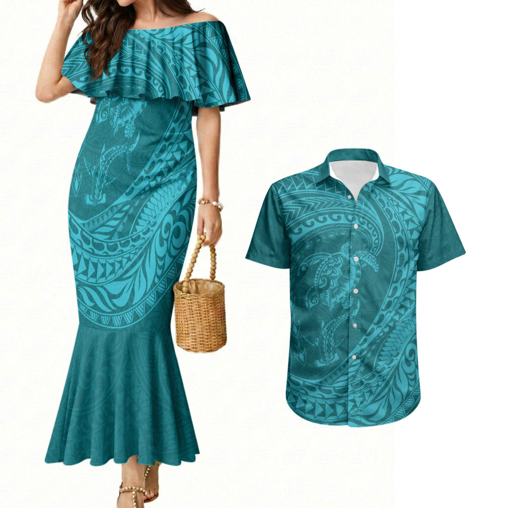 Hawaiian Turtle and Shark Couples Matching Mermaid Dress and Hawaiian Shirt Kakau Tribal with Polynesian Pattern Turquoise Color