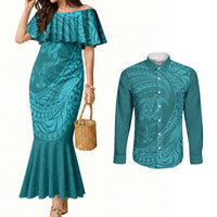 Hawaiian Turtle and Shark Couples Matching Mermaid Dress and Long Sleeve Button Shirt Kakau Tribal with Polynesian Pattern Turquoise Color