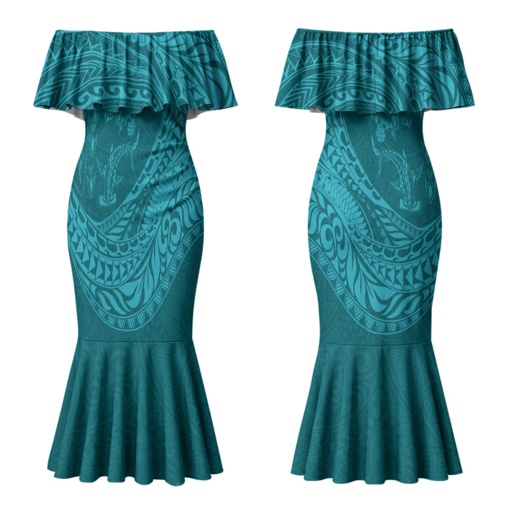 Hawaiian Turtle and Shark Couples Matching Mermaid Dress and Long Sleeve Button Shirt Kakau Tribal with Polynesian Pattern Turquoise Color